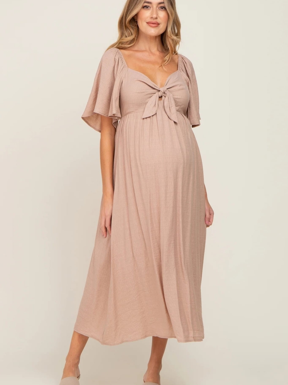 Pinkblush Maternity Tie-Front Midi Dress in Mocha
